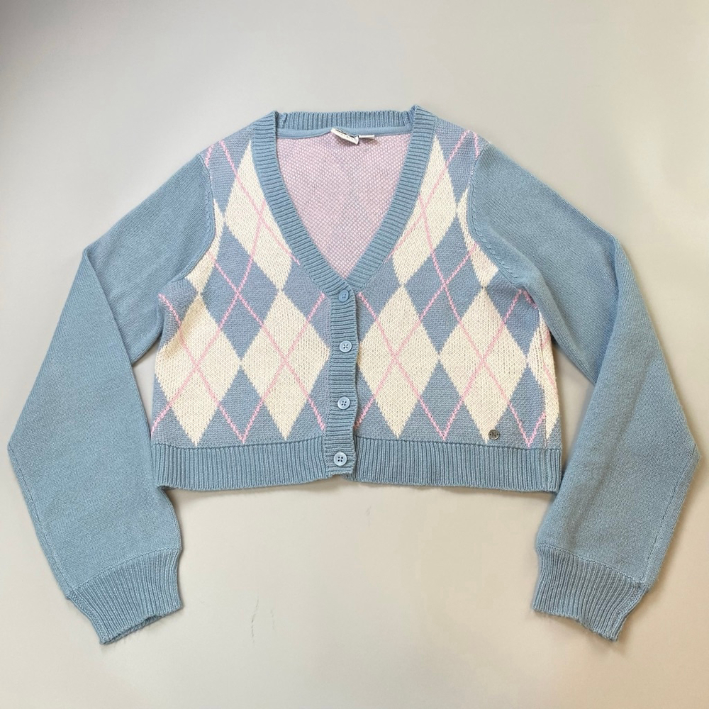 Noisey may Cropped V-Neck Argyle Cardigan Sweater - Light Blue Medium